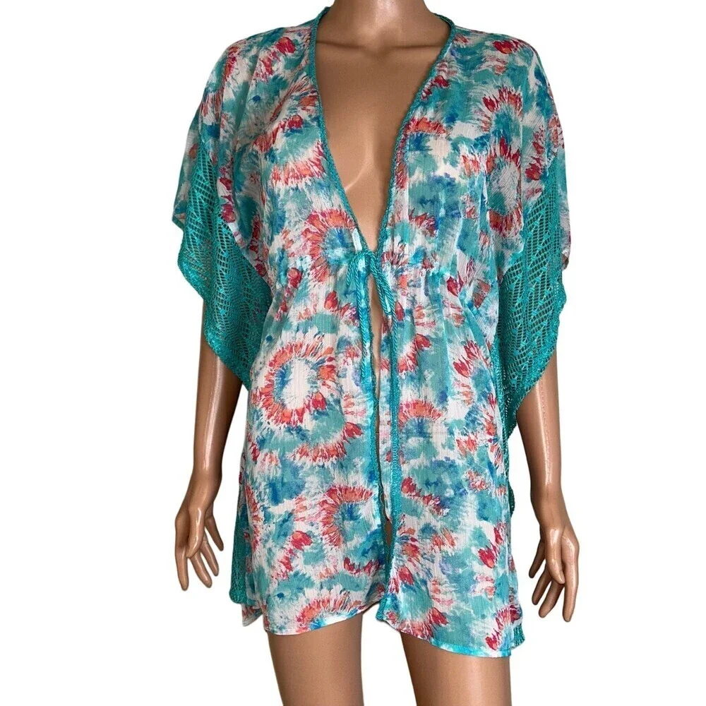 Miken Swim coverup open front single tassel tie dyed wide sleeve wide SZ SM teal